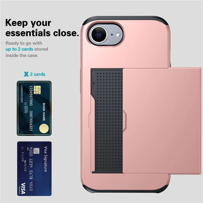 For iPhone 17e / 16e Case TPU + PC Dual Layer Armor Phone Cover with Sliding Card Slot - Rose Gold - 6