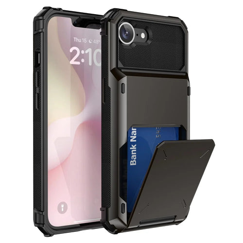 For iPhone 17e / 16e Phone Cover PC+TPU Dual Layer Back Case with Card Holder - Black - 1