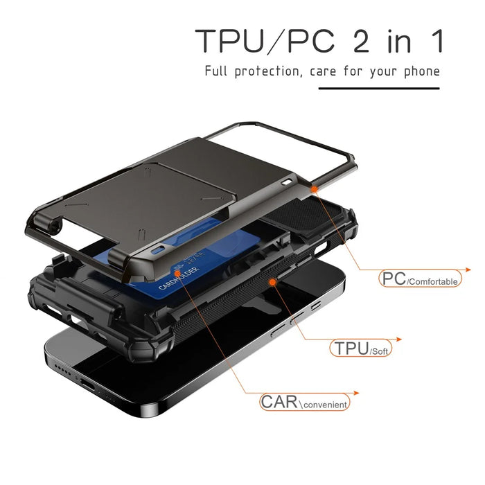 For iPhone 17e / 16e Phone Cover PC+TPU Dual Layer Back Case with Card Holder - Black - 5