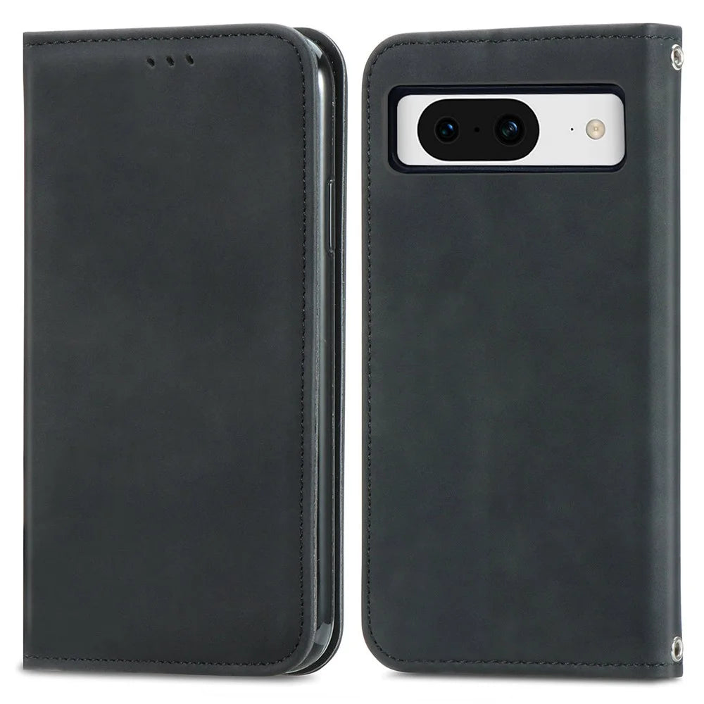 For Google Pixel 8a Book Style Flip Case PU Leather Skin-touch Phone Cover - Black - 1