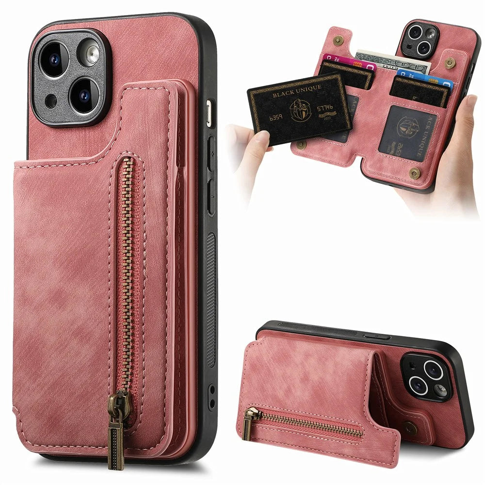 D15 For iPhone 14 Case Retro PU Leather+TPU Anti-drop Phone Cover with Zipper Wallet Kickstand - Pink - 1