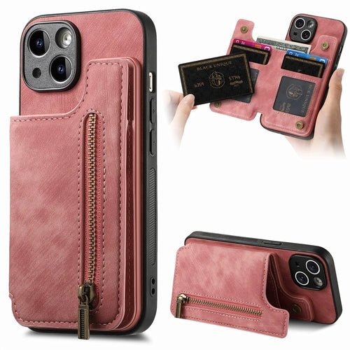 D15 For iPhone 14 Case Retro PU Leather+TPU Anti-drop Phone Cover with Zipper Wallet Kickstand - Pink - 1