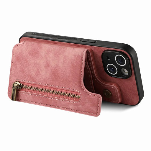 D15 For iPhone 14 Case Retro PU Leather+TPU Anti-drop Phone Cover with Zipper Wallet Kickstand - Pink - 2