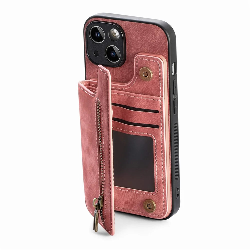 D15 For iPhone 14 Case Retro PU Leather+TPU Anti-drop Phone Cover with Zipper Wallet Kickstand - Pink - 3