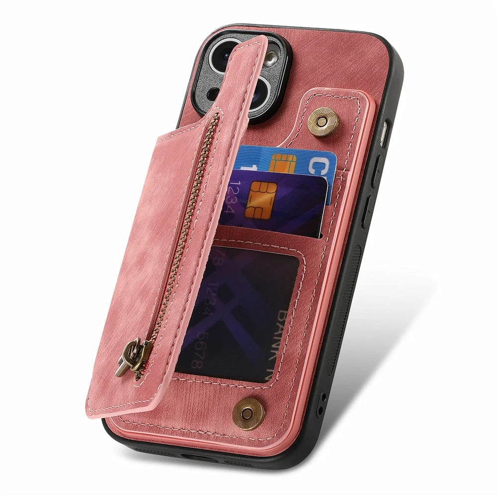 D15 For iPhone 14 Case Retro PU Leather+TPU Anti-drop Phone Cover with Zipper Wallet Kickstand - Pink - 4