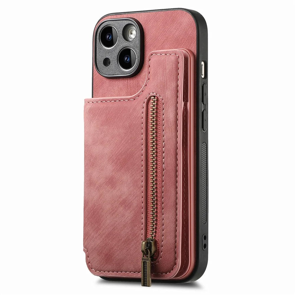 D15 For iPhone 14 Case Retro PU Leather+TPU Anti-drop Phone Cover with Zipper Wallet Kickstand - Pink - 5
