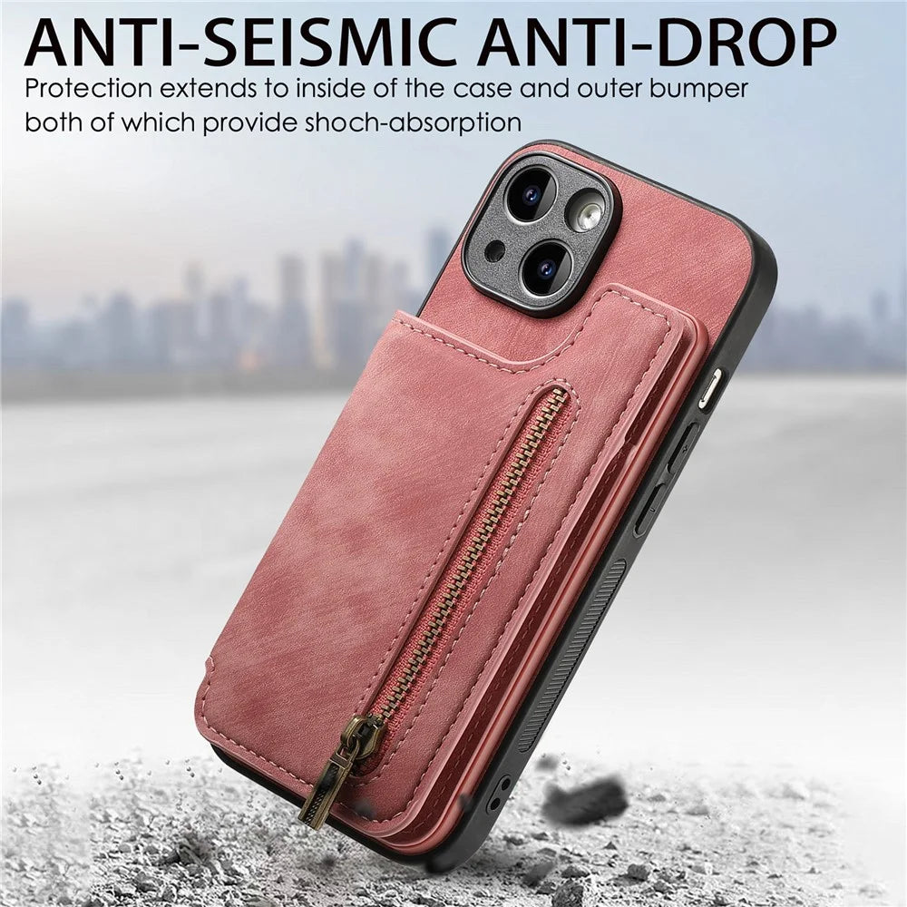 D15 For iPhone 14 Case Retro PU Leather+TPU Anti-drop Phone Cover with Zipper Wallet Kickstand - Pink - 6