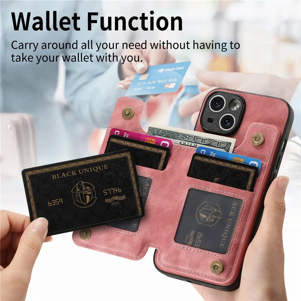 D15 For iPhone 14 Case Retro PU Leather+TPU Anti-drop Phone Cover with Zipper Wallet Kickstand - Pink - 7