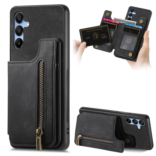 D15 For Samsung Galaxy A55 5G Case Retro Leather+TPU Zipper Pocket Kickstand Back Cover - Black - 1