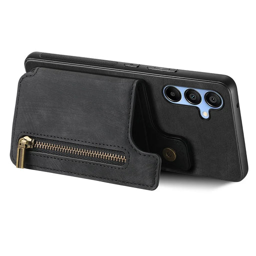 D15 For Samsung Galaxy A55 5G Case Retro Leather+TPU Zipper Pocket Kickstand Back Cover - Black - 2
