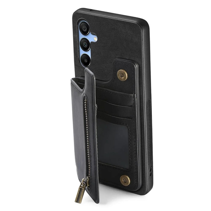 D15 For Samsung Galaxy A55 5G Case Retro Leather+TPU Zipper Pocket Kickstand Back Cover - Black - 3