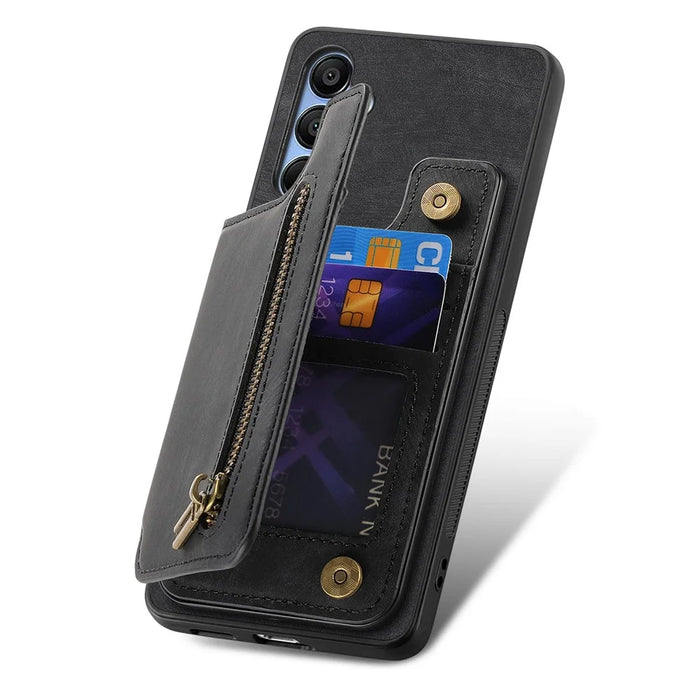 D15 For Samsung Galaxy A55 5G Case Retro Leather+TPU Zipper Pocket Kickstand Back Cover - Black - 4