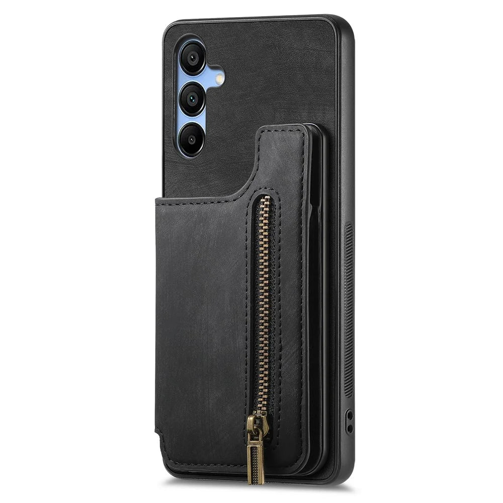 D15 For Samsung Galaxy A55 5G Case Retro Leather+TPU Zipper Pocket Kickstand Back Cover - Black - 5