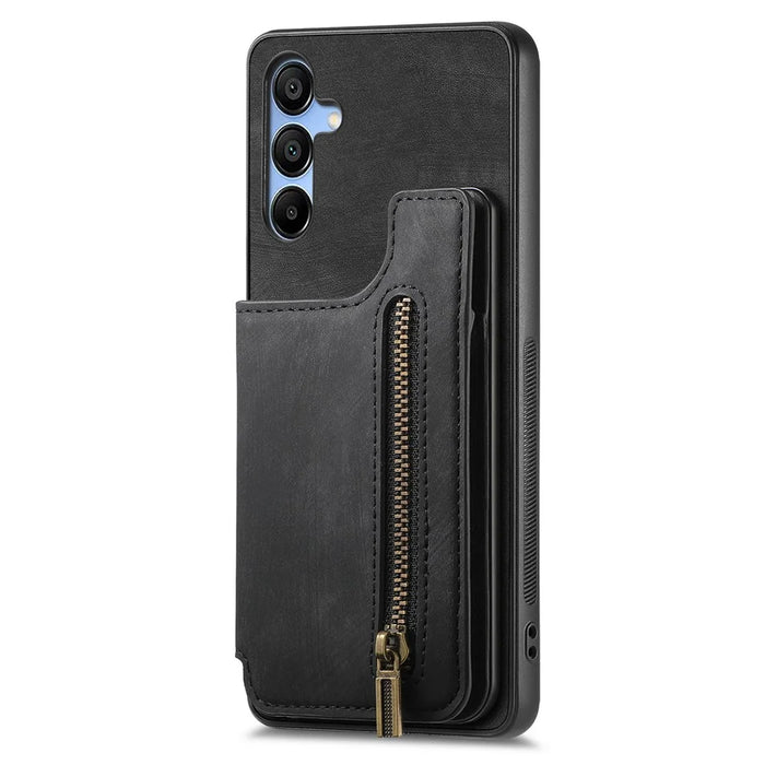 D15 For Samsung Galaxy A55 5G Case Retro Leather+TPU Zipper Pocket Kickstand Back Cover - Black - 5