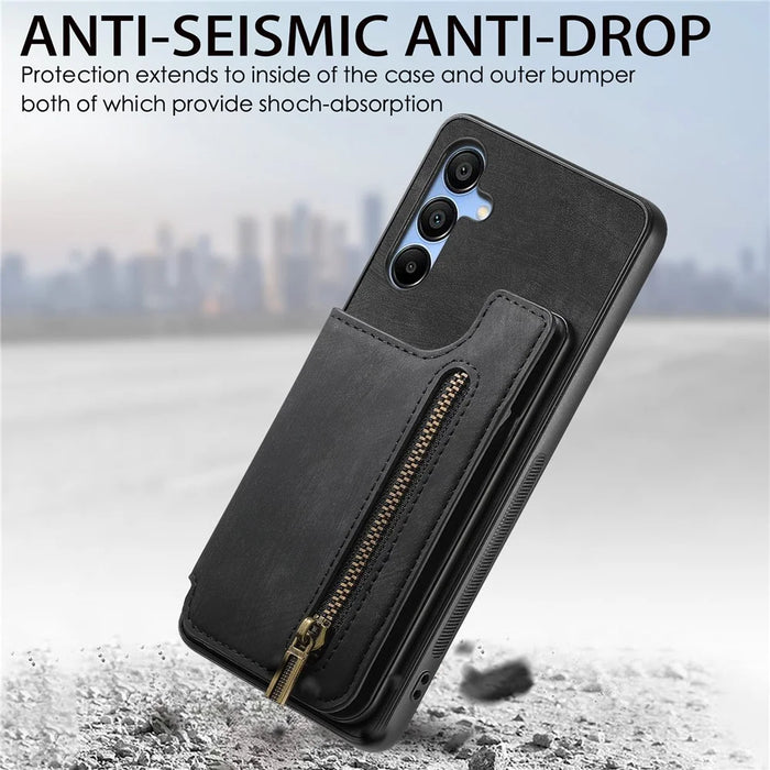 D15 For Samsung Galaxy A55 5G Case Retro Leather+TPU Zipper Pocket Kickstand Back Cover - Black - 6
