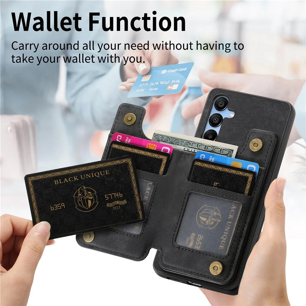 D15 For Samsung Galaxy A55 5G Case Retro Leather+TPU Zipper Pocket Kickstand Back Cover - Black - 7