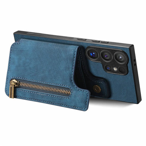 D15 For Samsung Galaxy S24 Ultra Case Card Slot Leather+TPU Zipper Kickstand Retro Phone Cover - Blue - 2