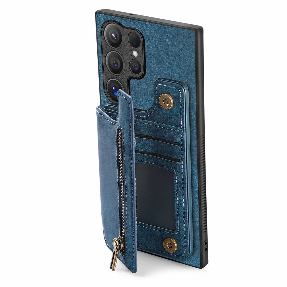 D15 For Samsung Galaxy S24 Ultra Case Card Slot Leather+TPU Zipper Kickstand Retro Phone Cover - Blue - 3