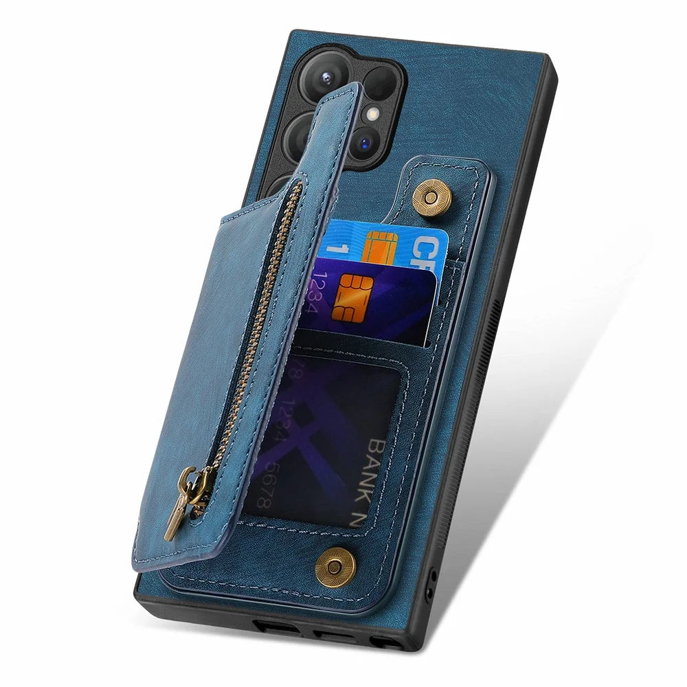 D15 For Samsung Galaxy S24 Ultra Case Card Slot Leather+TPU Zipper Kickstand Retro Phone Cover - Blue - 4
