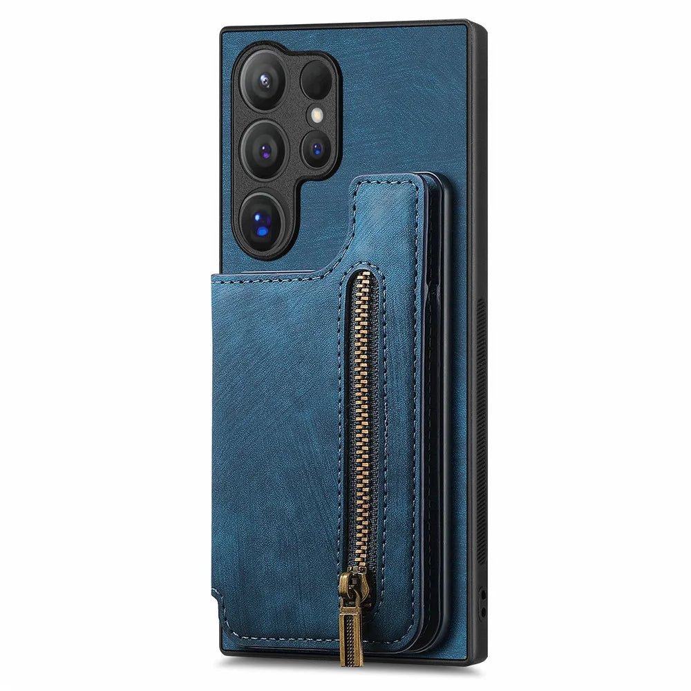 D15 For Samsung Galaxy S24 Ultra Case Card Slot Leather+TPU Zipper Kickstand Retro Phone Cover - Blue - 5