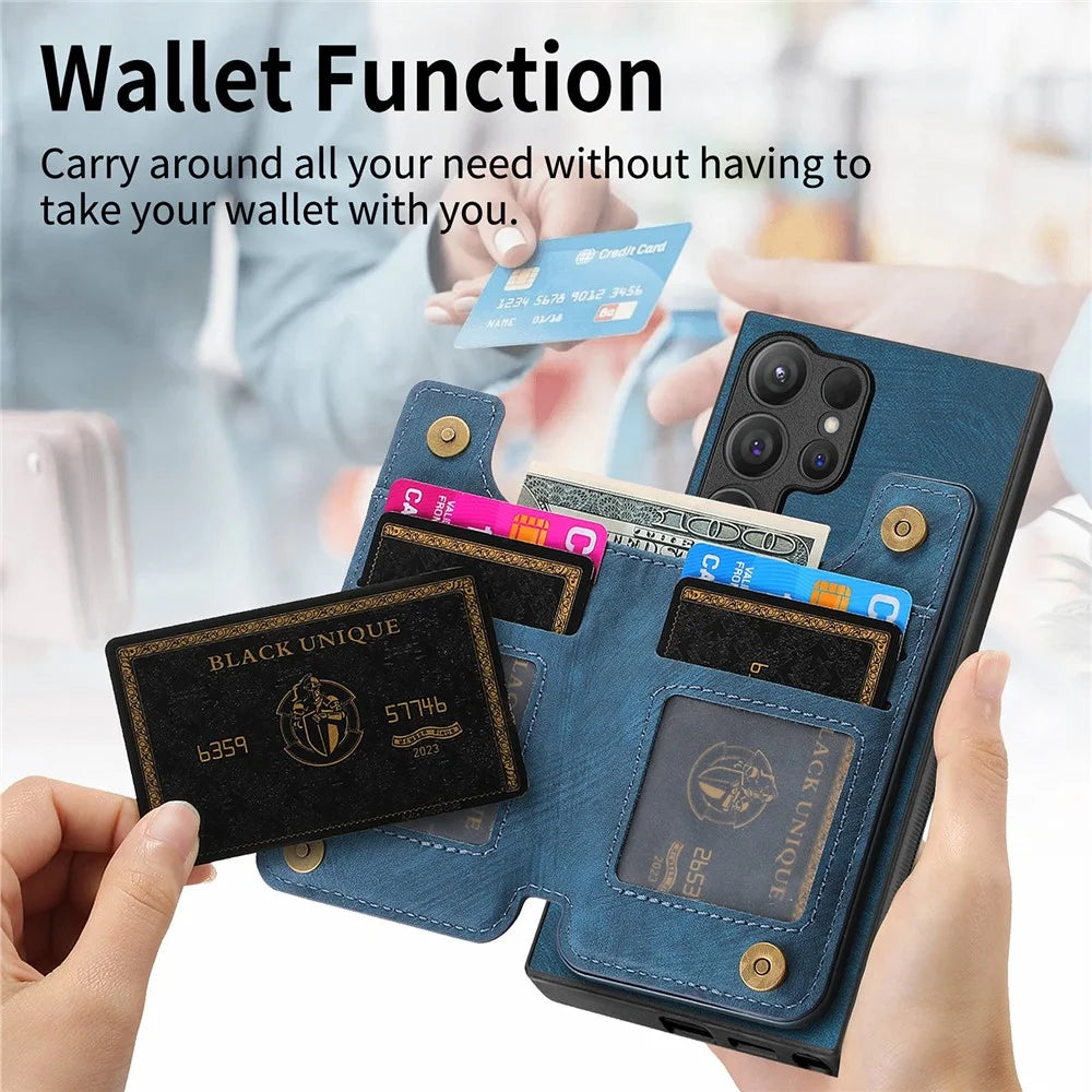 D15 For Samsung Galaxy S24 Ultra Case Card Slot Leather+TPU Zipper Kickstand Retro Phone Cover - Blue - 7