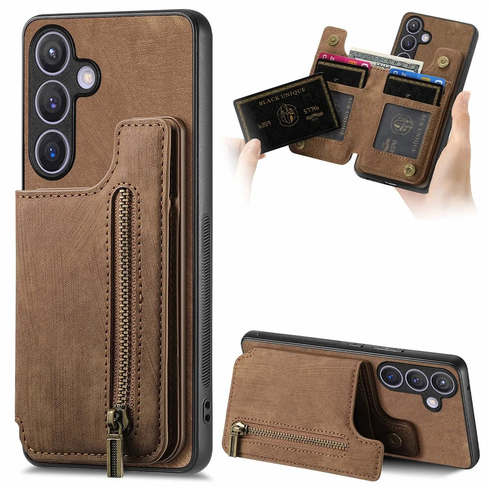 D15 For Samsung Galaxy S24 Wallet Case Retro PU+TPU Anti-scratch Kickstand Phone Shell - Brown - 1