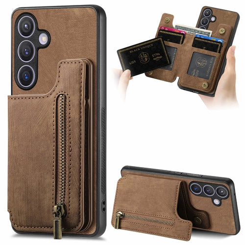 D15 For Samsung Galaxy S24 Wallet Case Retro PU+TPU Anti-scratch Kickstand Phone Shell - Brown - 1