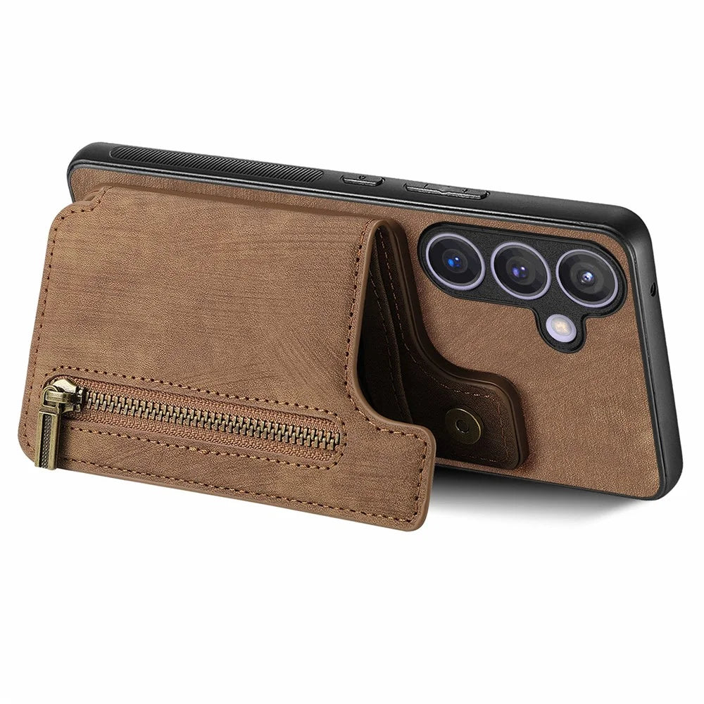 D15 For Samsung Galaxy S24 Wallet Case Retro PU+TPU Anti-scratch Kickstand Phone Shell - Brown - 2