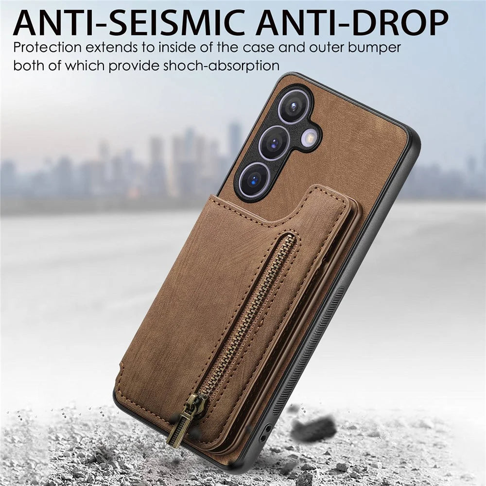 D15 For Samsung Galaxy S24 Wallet Case Retro PU+TPU Anti-scratch Kickstand Phone Shell - Brown - 6