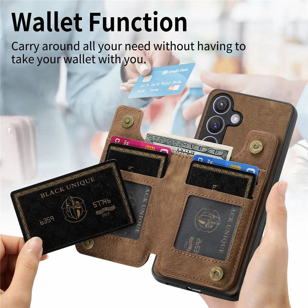 D15 For Samsung Galaxy S24 Wallet Case Retro PU+TPU Anti-scratch Kickstand Phone Shell - Brown - 7