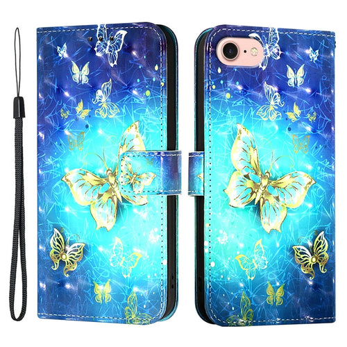 For iPhone 17e / 16e Leather Case Pattern Printing Wallet Stand Mobile Cover with Strap - Golden Butterflies - 1