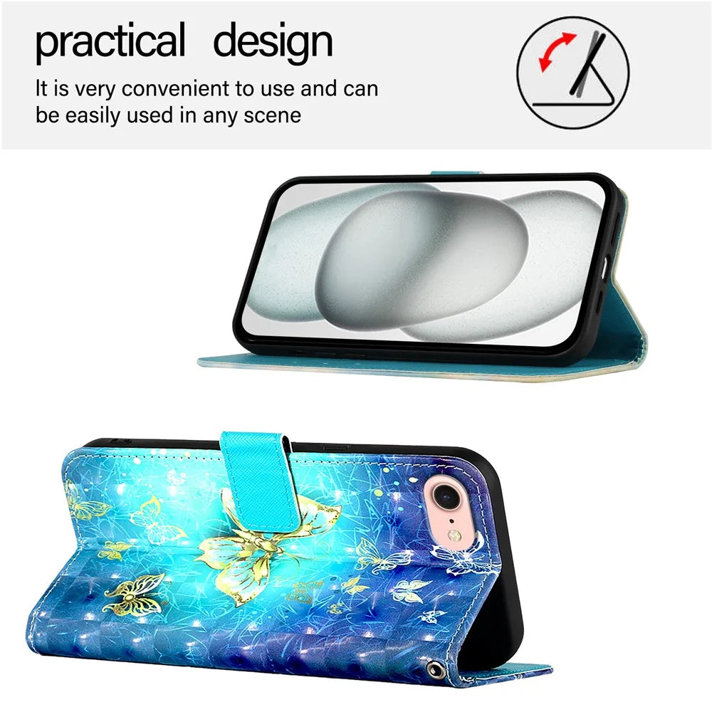 For iPhone 17e / 16e Leather Case Pattern Printing Wallet Stand Mobile Cover with Strap - Golden Butterflies - 3