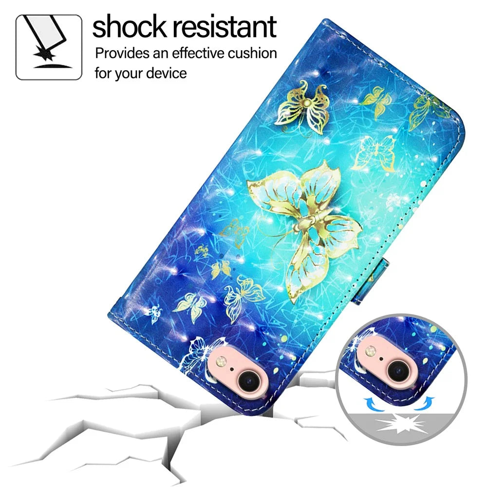 For iPhone 17e / 16e Leather Case Pattern Printing Wallet Stand Mobile Cover with Strap - Golden Butterflies - 5
