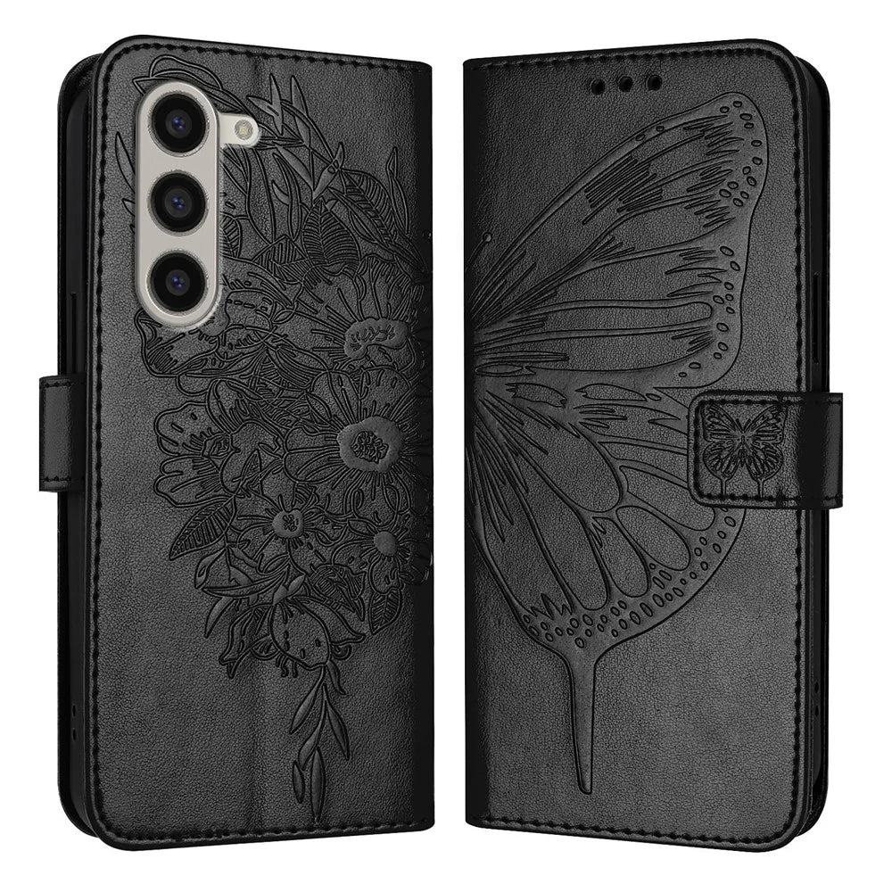 For Samsung Galaxy Z Fold6 5G Wallet Case with Wrist Strap Butterfly Imprint Leather Phone Cover - Black - 1