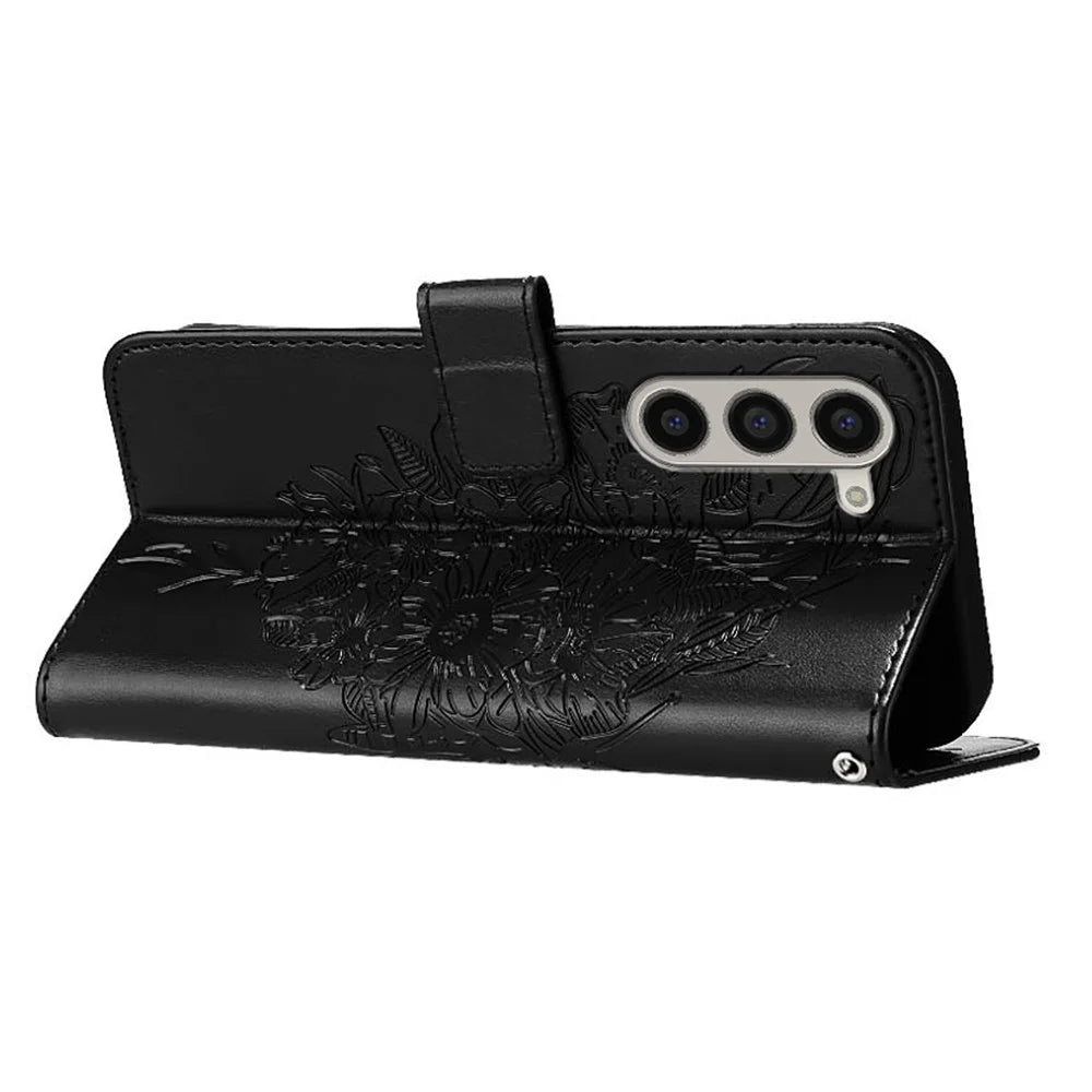For Samsung Galaxy Z Fold6 5G Wallet Case with Wrist Strap Butterfly Imprint Leather Phone Cover - Black - 3