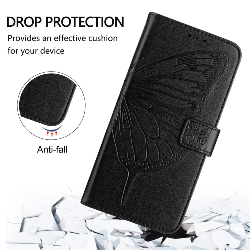 For Samsung Galaxy Z Fold6 5G Wallet Case with Wrist Strap Butterfly Imprint Leather Phone Cover - Black - 4
