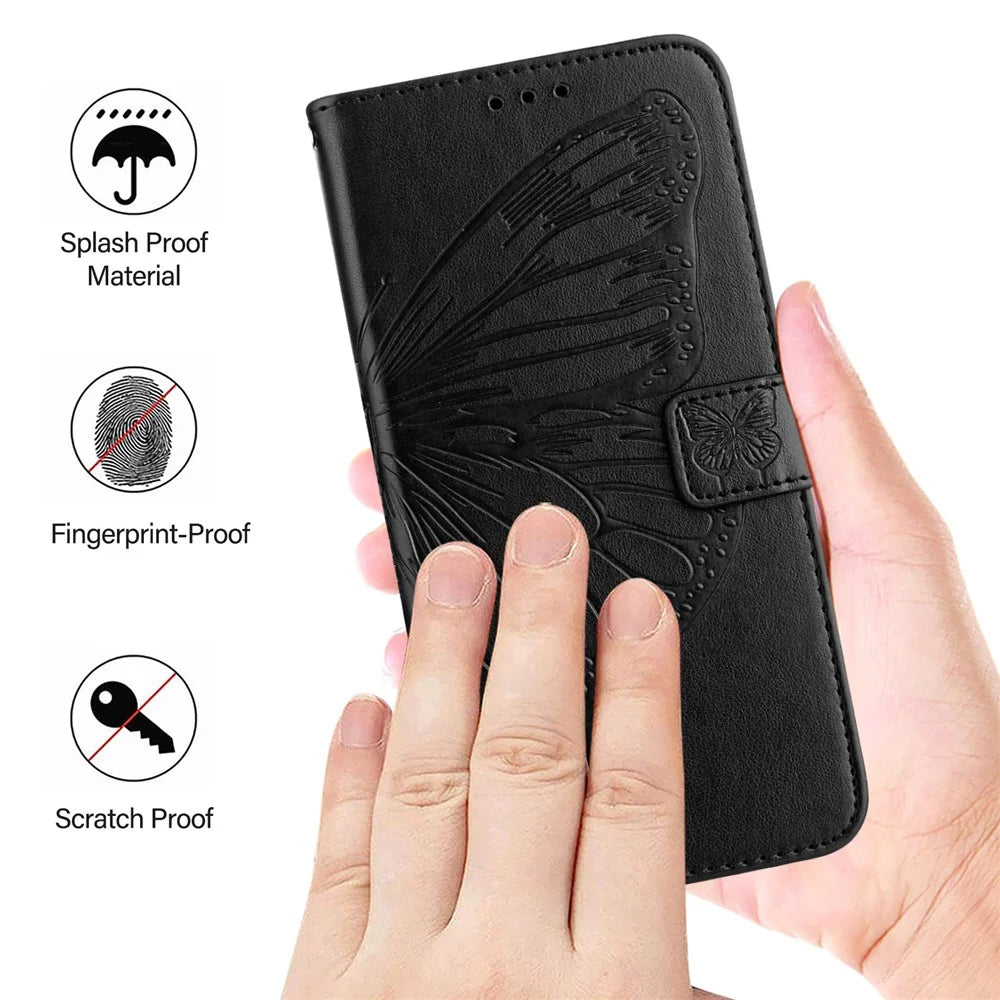For Samsung Galaxy Z Fold6 5G Wallet Case with Wrist Strap Butterfly Imprint Leather Phone Cover - Black - 5