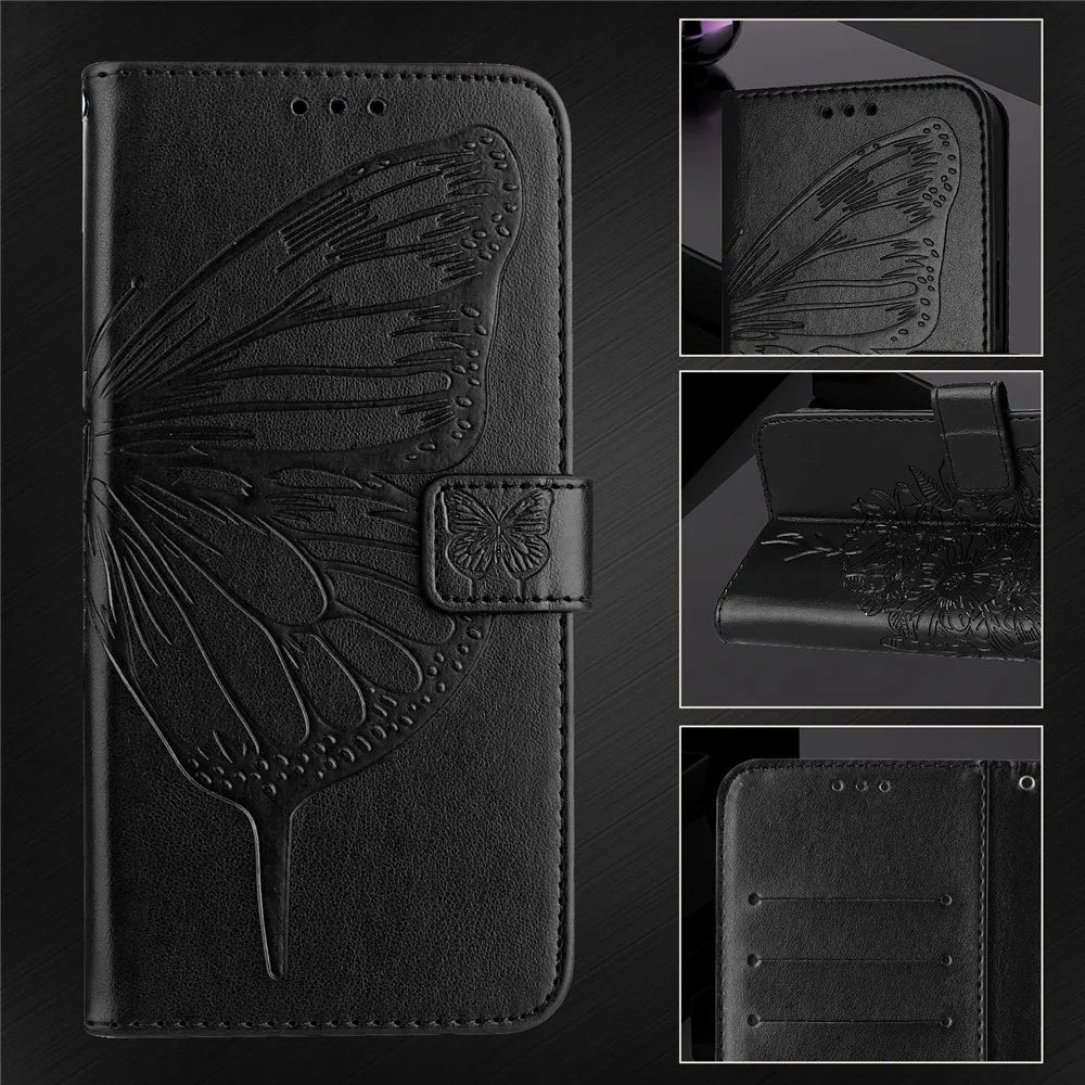 For Samsung Galaxy Z Fold6 5G Wallet Case with Wrist Strap Butterfly Imprint Leather Phone Cover - Black - 6