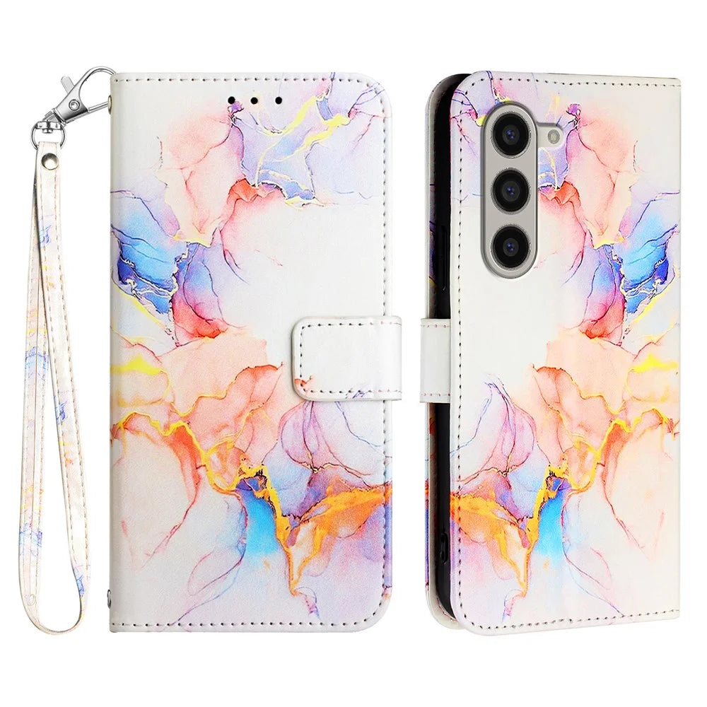 For Samsung Galaxy Z Fold6 5G Case with Strap Marble Pattern Leather Phone Cover Card Holder - Milky Way Marble White LS004 - 1