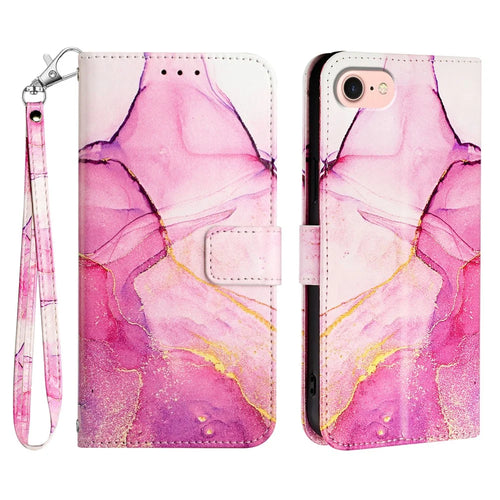 For iPhone 17e / 16e Case with Strap Marble Pattern Leather Phone Cover Card Holder - Pink+Purple+Gold LS001 - 1