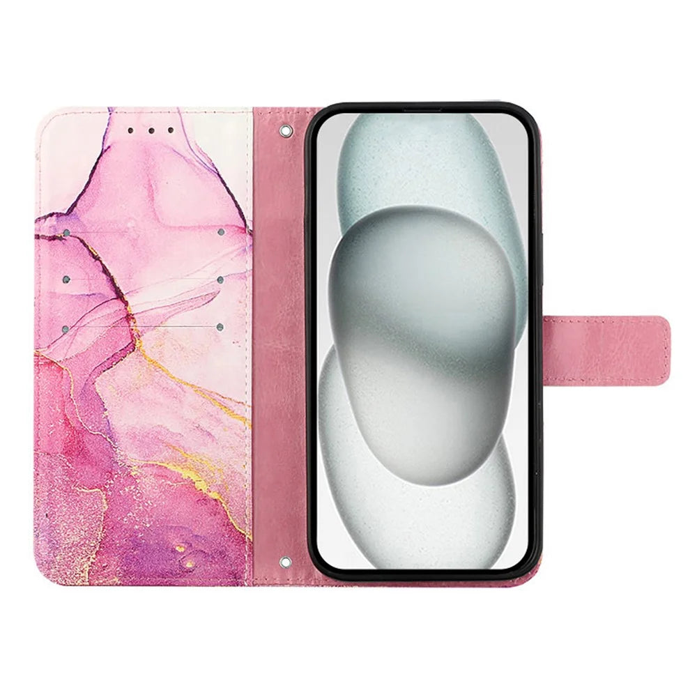 For iPhone 17e / 16e Case with Strap Marble Pattern Leather Phone Cover Card Holder - Pink+Purple+Gold LS001 - 2