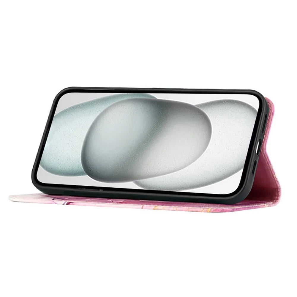 For iPhone 17e / 16e Case with Strap Marble Pattern Leather Phone Cover Card Holder - Pink+Purple+Gold LS001 - 3