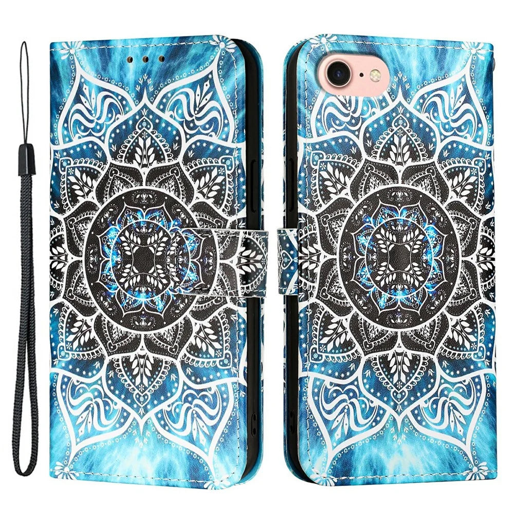 For iPhone 17e / 16e Leather Case with Strap and Card Holder Pattern Printing Phone Stand Cover - Mandala Flower - 1