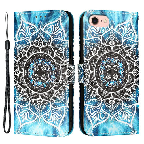 For iPhone 17e / 16e Leather Case with Strap and Card Holder Pattern Printing Phone Stand Cover - Mandala Flower - 1
