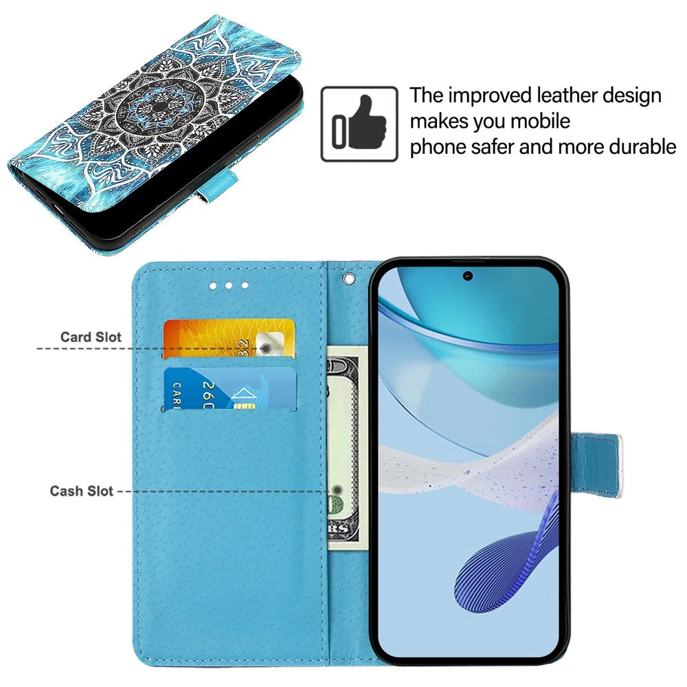 For iPhone 17e / 16e Leather Case with Strap and Card Holder Pattern Printing Phone Stand Cover - Mandala Flower - 2