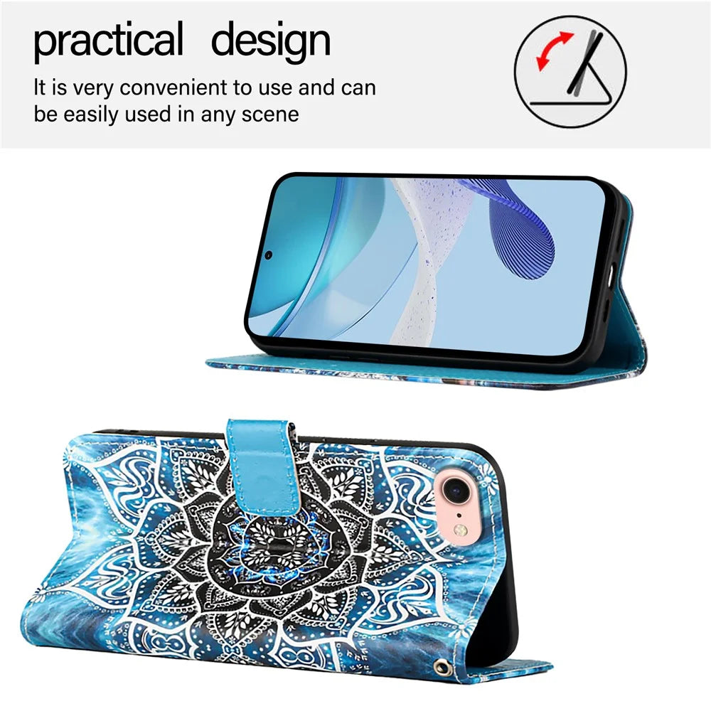 For iPhone 17e / 16e Leather Case with Strap and Card Holder Pattern Printing Phone Stand Cover - Mandala Flower - 3
