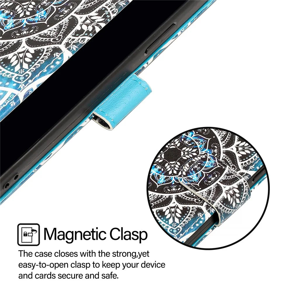 For iPhone 17e / 16e Leather Case with Strap and Card Holder Pattern Printing Phone Stand Cover - Mandala Flower - 4