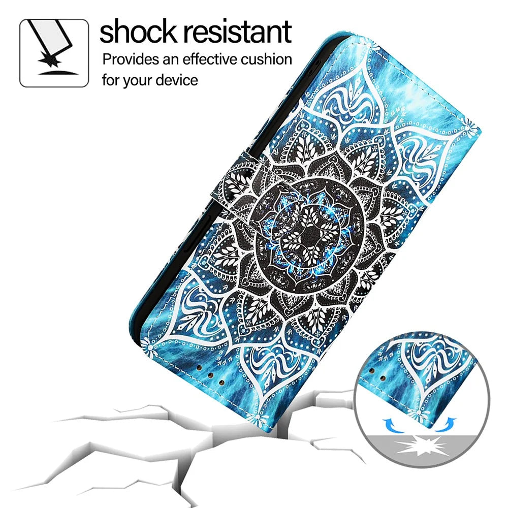For iPhone 17e / 16e Leather Case with Strap and Card Holder Pattern Printing Phone Stand Cover - Mandala Flower - 5
