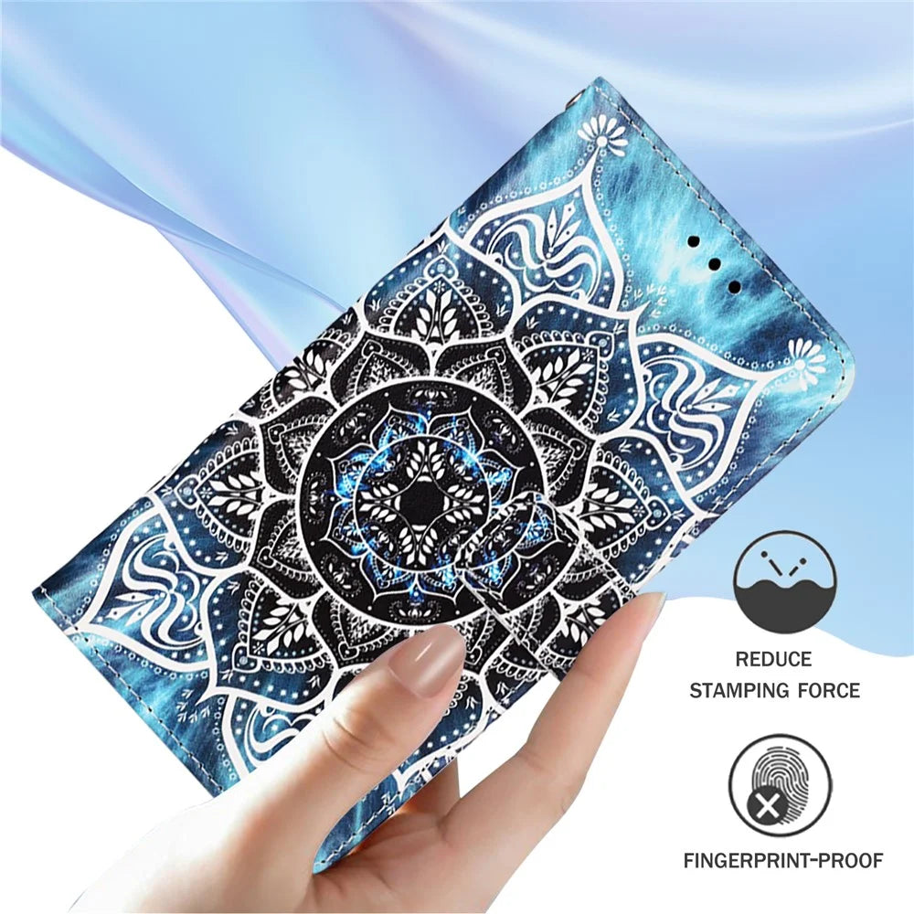For iPhone 17e / 16e Leather Case with Strap and Card Holder Pattern Printing Phone Stand Cover - Mandala Flower - 6