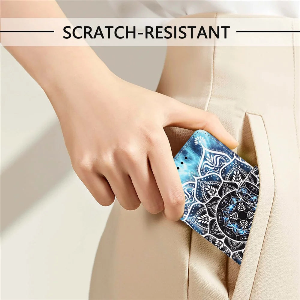 For iPhone 17e / 16e Leather Case with Strap and Card Holder Pattern Printing Phone Stand Cover - Mandala Flower - 7